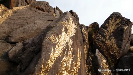 用裂痕肌理表现风化山石，局部点缀金箔模拟矿物结晶 by Hailuo AI Video Generator