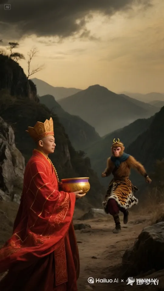 镜头移动动态跟随，和尚抛钵盂到猴子上空，钵盂开口向下高速旋转变大，猴子身体变的越来越小自动被吸入钵盂内。 by Hailuo AI Video Generator