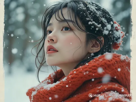 女子看着远方，抱起双手，用嘴中的哈气暖手 by Hailuo AI Video Generator