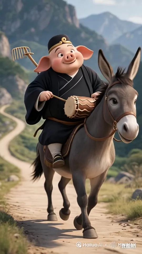 小毛驴迈着欢快的小碎步奔跑在曲折的山道上，骑在驴背上的八戒摇头晃脑的打着腰鼓、唱着小曲一副陶碎的样子 by Hailuo AI Video Generator