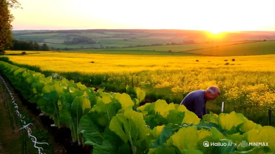 夕阳西下  乡野大地  开遍油菜花  我（男）在旁边的菜园里快乐的忙忙碌碌  菜长的非常好  田园风光无限好  种菜生活乐趣多 by Hailuo AI Video Generator