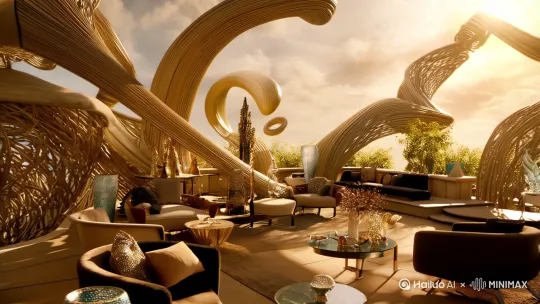 In a photorealistic, majestic open-air terrace in the style of Moebius, an absurd architecture stands tall. The structure twists and turns in unexpected ways, with smooth curves and sharp angles. Designer furniture adorns the space, with plush sofas and sleek tables. Decorative trinkets, such as glistening vases and peculiar sculptures, add to the opulence. The background features photorealistic weather, with soft sunlight filtering through the air, creating intricate shadows and highlights. The overall lighting casts a mystical glow, making the terrace seem timeless. A gentle breeze blows, rustling the leaves of nearby plants. The camera slowly pans across the scene, capturing every luxurious detail, from the extravagant furniture to the mesmerizing architecture. The atmosphere is one of wonder and awe, as if this terrace exists in a dreamlike world. by Hailuo AI Video Generator