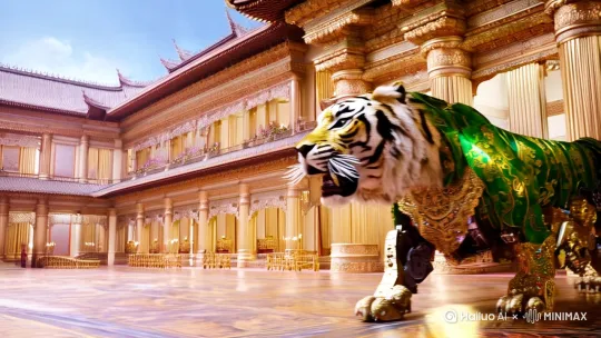 帮我做一个巨大的猛虎，全机械的，身上有绿色翡翠和黄金，背景是在皇宫内行走。天上还有一个巨大的机械鸽子，猛虎身上的机械纹理要看的很清楚[右移,左摇,跟随] by Hailuo AI Video Generator