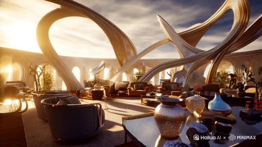In a photorealistic, majestic open-air terrace in the style of Moebius, an absurd architecture stands tall. The structure twists and turns in unexpected ways, with smooth curves and sharp angles. Designer furniture adorns the space, with plush sofas and sleek tables. Decorative trinkets, such as glistening vases and peculiar sculptures, add to the opulence. The background features photorealistic weather, with soft sunlight filtering through the air, creating intricate shadows and highlights. The overall lighting casts a mystical glow, making the terrace seem timeless. A gentle breeze blows, rustling the leaves of nearby plants. The camera slowly pans across the scene, capturing every luxurious detail, from the extravagant furniture to the mesmerizing architecture. The atmosphere is one of wonder and awe, as if this terrace exists in a dreamlike world. by Hailuo AI Video Generator