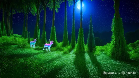 夜色下月光皎洁，神秘的大森林绿树成荫，星光闪烁，两只九色鹿像两个高贵美丽的女子，在治愈整个大森林 by Hailuo AI Video Generator