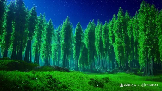 夜色下月光皎洁，神秘的大森林绿树成荫，星光闪烁，两只九色鹿像两个高贵美丽的女子，在治愈整个大森林 by Hailuo AI Video Generator
