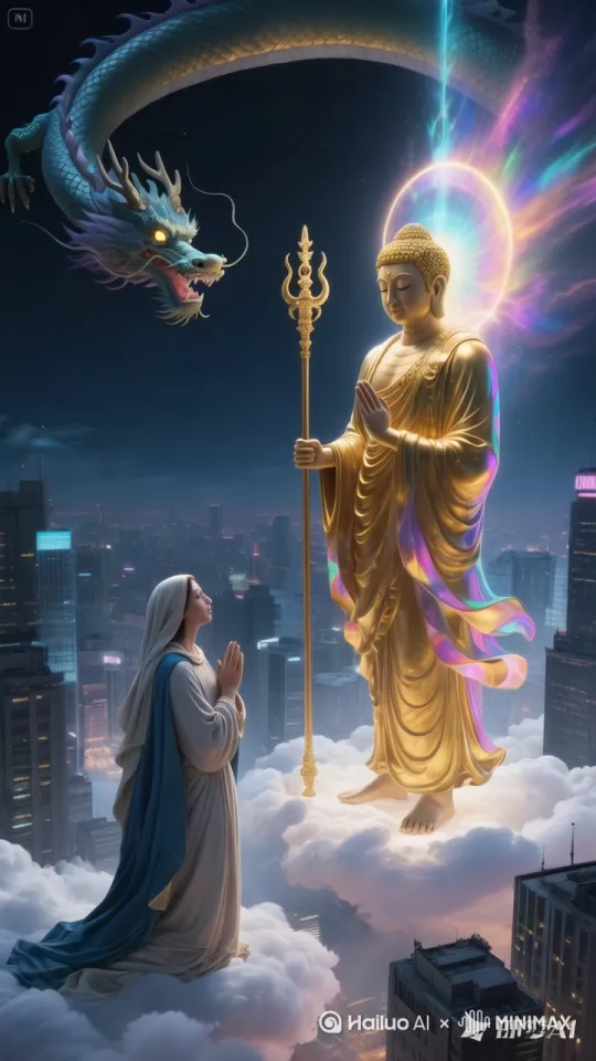 巨龙缓慢转头，佛祖身后光圈缓缓旋转，下面女子嘴里念着佛经缓慢磕头，其他保持不变，画面协调自然超高清不变形。 by Hailuo AI Video Generator