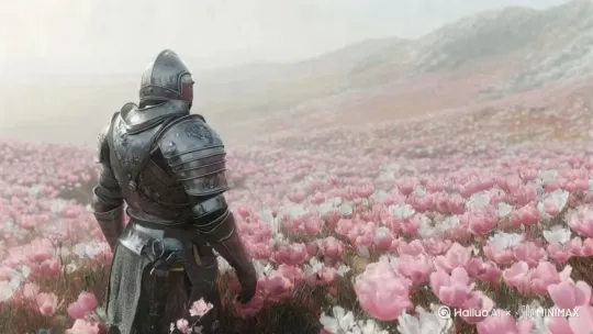 电影级史诗奇幻场景，一位全副武装的中世纪骑士矗立于无垠的粉色樱花林中，背对镜头，仿佛守护着这片静谧之地。远方，薄雾缭绕的山脉与渐变天际线交相辉映，增添一抹神秘色彩。骑士身披厚重银色盔甲，手握长剑，尽管孤身一人，却展现出无畏的英勇气概。微风轻拂，花瓣如雪般飘洒，与骑士的庄严形成鲜明对比，营造出梦幻般的宁静氛围。手持摄影机缓缓升起，采用稳定器平滑跟踪，捕捉每一刻细腻情感，带来沉浸式观影体验。全景至中景转换，强调骑士与自然环境的和谐共生。[拉远,上升,下摇] by Hailuo AI Video Generator