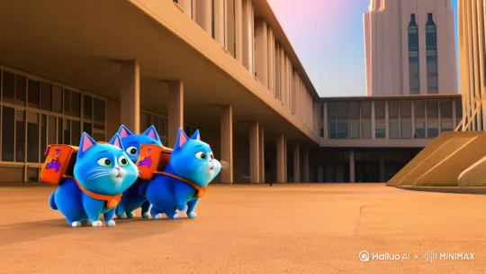 三只蓝色的可爱的胖猫背着书包一起从学校的教学楼跑到另一栋教学楼楼下， by Hailuo AI Video Generator