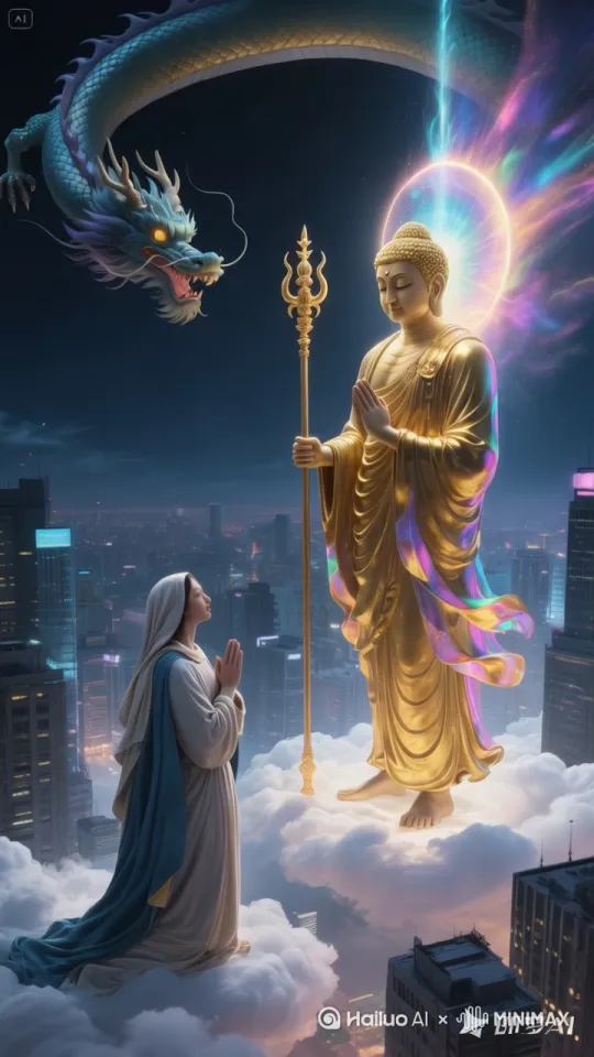 巨龙微动，佛祖身后光圈缓缓旋转，下面女子嘴里念着佛经缓慢磕头，其他保持不变，画面协调自然超高清。 by Hailuo AI Video Generator