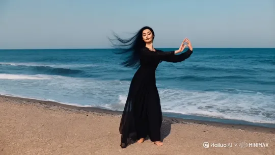 微风拂面，一个漂亮的黑发美女，身着与大海相衬的服饰，在海边赤脚跳着优雅的舞姿，要求人物面部清晰，时长不低于1分钟。 by Hailuo AI Video Generator