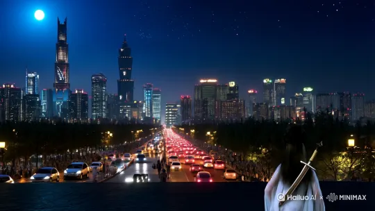视频的主人公是一位年轻中国古代的女性，她穿着白色透明纱裙，手持宝剑，是一位旅行者，她来到了夜色的城市，这里有高楼大厦，有璀璨的灯光，有静静的夜空，繁星和月亮。

视频结构
1.
开场镜头：
广角镜头展示城市的夜景，宽畅的街道，穿梭的汽车，人来人往的人群。
美女背着宝剑从远处走来，背对着镜头，逐渐走近。
2.
中景镜头：
主人公停下脚步，转身面街景，闭上眼睛，泪水从眼角流出，深吸一口气，仿佛压制心中的委屈。
镜头慢慢转动，从她的背影转到侧面，展示她的脸上的眼泪。服装和发型。可以加入一些慢动作效果，突出她的委屈。
3.
特写镜头：
拍摄她的头发在夜中飘动的细节，以及城市光影在她身上的变化，可以使用微距镜头捕捉这些细节，增加视觉冲击力。
她睁开眼睛，把身上的宝剑扔向夜空中，宝剑渐渐消失，她看向远方，心里的委屈终于得到了释放。
4.
互动镜头：
她转身面对镜头，露出一个淡淡的微笑，然后开始慢慢走动。
镜头跟随她的步伐，展示她在夜色里的身影。可以加入一些自然的音效，例如风声和鸟鸣，增强现场感。
5.
高潮镜头：
她停下脚步，再次闭上眼睛，双手合十，仿佛在祈祷或冥想。
镜头慢慢拉远，展示她在城市夜色的身影。
6.
结尾镜头：
她睁开眼睛，露出一个满足的微笑，仿佛找到了内心的平静。 by Hailuo AI Video Generator