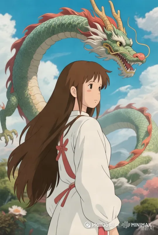 少女站在云雾缭绕的山巅，风吹动少女的头发、饰品和衣服，她看向镜头，中国龙盘绕在她身后缓缓游动，龙须随风轻摆，龙的鳞片在阳光中发着金光，围绕主题运镜。 by Hailuo AI Video Generator