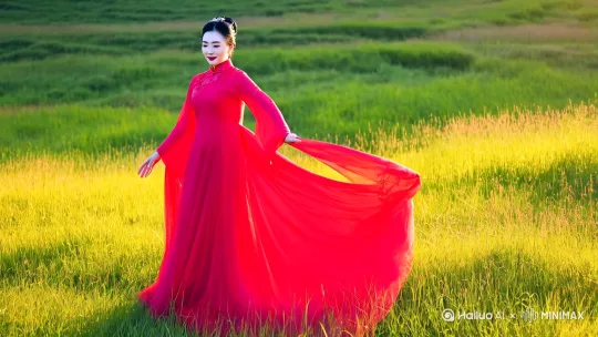 一个一个中国美女，一天红色的大码在我的草原上奔跑 by Hailuo AI Video Generator