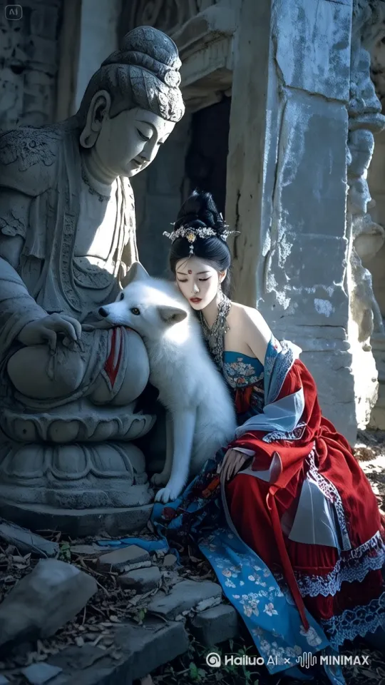 在一座古老寺庙的废墟场景中，阳光斑驳地洒落在地面。一位身着华丽传统服饰的女子，身穿红蓝相间、饰有精美花纹的长裙，头戴璀璨头饰，妆容精致。她身旁依偎着一只通体雪白的小狐狸，狐狸眼神灵动。
 
女子轻轻抬手，温柔地抚摸小狐狸的背部，随后缓缓起身，身姿优雅。小狐狸也随之站起，紧紧跟随在女子脚边。女子迈出轻盈的步伐，小狐狸同步跟上，二者朝着寺庙内部走去。
 
镜头从低角度缓缓升起，跟随女子与小狐狸的脚步推进，捕捉她们前行的姿态。途中，镜头适当左右平移，展现周围古老破败的建筑细节，如风化的石柱、残缺的墙壁等。阳光透过缝隙洒下，形成一道道光柱，为画面增添神圣氛围。当女子与小狐狸逐渐深入寺庙，镜头逐渐拉远，呈现出她们融入这古老环境中的背影，动作自然流畅，画面高清 8K，尽显奇幻神秘之感。[右移,左摇,跟随] by Hailuo AI Video Generator