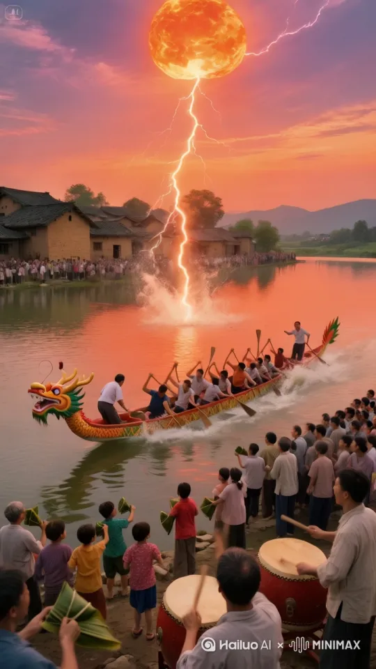 闪电击中湖面的地方，湖面泛起水蒸气，一个古代穿着白色长衫手拿折子扇的美男子叫踩粽子缓缓从湖里升起来，周围村民表情各异或担忧或惊叹 by Hailuo AI Video Generator