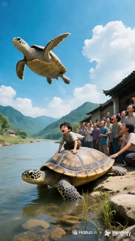 小孩爬上乌龟，乌龟腾空而起，向着天空直冲而上。人们在下面高高呼。镜头移动，动态跟随
智能优化 by Hailuo AI Video Generator