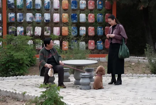 徬晚十分，靓妹带“炸弹狗儿”到韩愈墓祭拜，遇到和蔼可亲的老人家，狗儿表现得彬彬有礼！ by Hailuo AI Video Generator