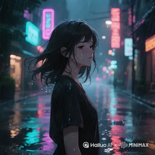 年轻女子站在雨夜的街头，发丝随风轻轻飘动，雨水顺着女子脸颊滑落，霓虹灯在水洼中折射出迷离光影，悲伤情绪在湿润的空气中弥漫 by Hailuo AI Video Generator