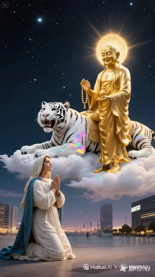 佛祖身后光圈缓缓旋转，老虎的头低了下来，下方女嘴里念着佛经头微微向前倾，其他保持不变，细节拉满，自然协调超高清 by Hailuo AI Video Generator