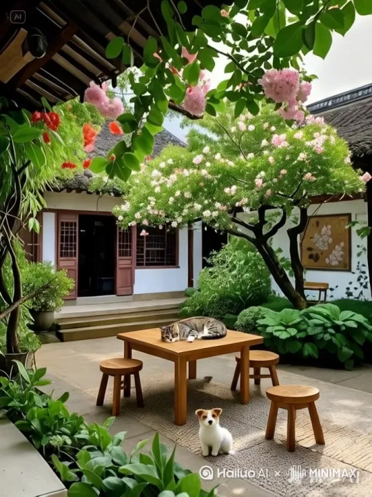图中的花和叶随着风自然摆动，小猫在睡觉，尾巴自然上下摆动，显得很悠闲，小白狗头向右侧动了一下又回归原位，整个图片宁静自然。 by Hailuo AI Video Generator