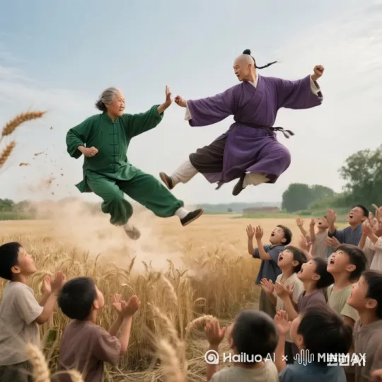 画面主体为农村广袤金黄的麦田,阳光灿烂,金色光辉洒在麦浪上。天空中,身着翠绿色练功服的老太身姿矫健,招式凌厉,练功服随风鼓动 ,她眼神专注,表情严肃;旁边身着深紫色道袍的道士,道袍随风飘扬,衣袂飘飘,手中拂尘舞动,潇洒飘逸,两人正在半空切磋功夫,招式奇幻绚丽,似有光芒闪烁。下方是一群围观的大人和小孩,大人们面带兴奋,眼神紧紧盯着半空,有的鼓掌,双手高高扬起;小孩们则欢呼雀跃,脸上洋溢着惊奇与喜悦。整体氛围热闹非凡,充满活力与奇幻色彩,色调以金黄的麦田为主,天空湛蓝,人物色彩对比鲜明。 by Hailuo AI Video Generator