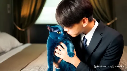 抱着一个蓝色的猫咪可爱的亲嘴 科比从床底下钻出来拿着冰红茶 by Hailuo AI Video Generator