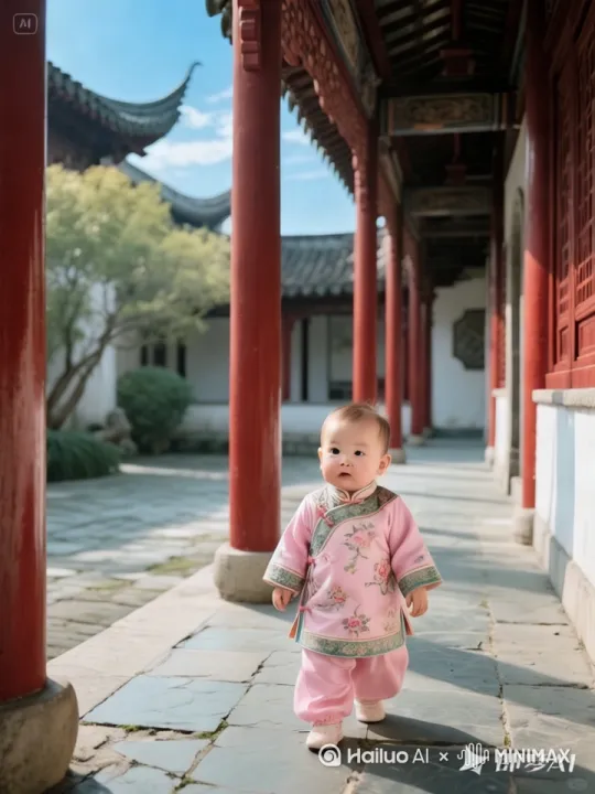 镜头移动，动态跟随，婴儿转身用中国轻功抓着墙面向上快速攀爬，手脚并用，爬上屋顶，飞檐走壁，跑向远方，动作迅速流畅 by Hailuo AI Video Generator