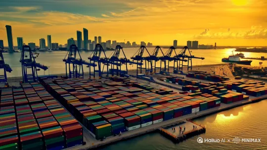 迈阿密市的工业码头港口巡游，广角 by Hailuo AI Video Generator