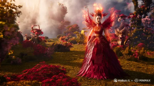 中国古代《山海经》中的一种神话动物,超现实,脂阳鸟化身的女性,身材完美。穿着深红色和金色羽毛质地的汉服,诞生于精火之中,专爱食用各种阴鬼厉魄,乃是有名地阴物克星。正面看向镜头。深红色和金色。写实摄影风格、奇幻艺术美学、电影灯光、中国怪诞美学、浪漫风景、细线条、虚幻引擎渲染、空灵渲染、仙境背景、自然光,8K,精致的细节,美丽的灯光效果,梦幻引擎 by Hailuo AI Video Generator