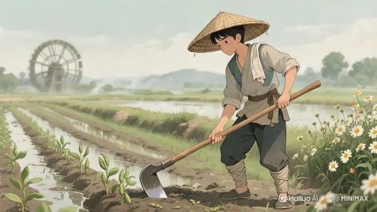 镜头类型：中焦镜头 运镜方式：快速推进和轻微旋转 景别：从中景快速推进到特写 时长：4秒 详细步骤：1. 开始（0-1秒）：镜头位置：从中景开始，展示大儿子在田间劳作的全身。运镜：镜头快速推进，逐渐拉近与主体的距离，同时轻微旋转以展示周围的环境。2. 中间（1-2.5秒）：镜头位置：推进到中近景，聚焦于大儿子的上半身，特别是他挥动锄头的动作。运镜：镜头继续推进，并轻微平移以跟随锄头的运动轨迹，突出劳作的动作。3. 结束（2.5-4秒）：镜头位置：特写镜头，聚焦于大儿子的脸部，尤其是他专注的眼神和脸上的汗水。运镜：镜头在特写处稍作停留，然后快速拉远，展示他劳作的全景，结束画面。 by Hailuo AI Video Generator