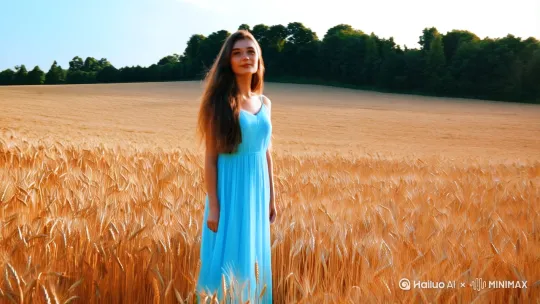 一个长发少妇，站在麦田地头，全身照，浅蓝色连衣裙[右摇] by Hailuo AI Video Generator