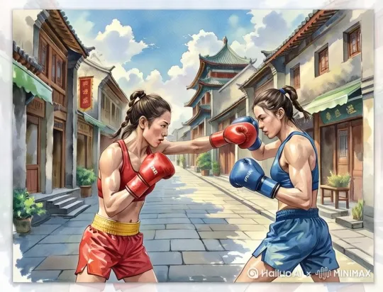 两个拳击手对打起来，精彩一些，比赛激烈一些。都打到对方。运镜：缓慢推近 by Hailuo AI Video Generator