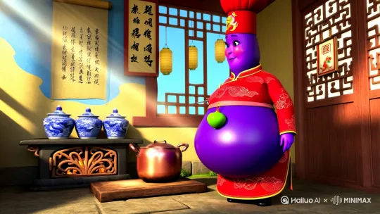 风格设定：融合中国水墨与3D动画，参考《白蛇：缘起》东方美学，主色调银杏黄+天青，朱砂红点缀，光影柔和带宣纸质感，阴影边缘呈现水墨晕染。

场景细节：徽派厨房内晨光透过雕花木窗，光束映照浮尘。传统柴火灶台保留铜锅/青花瓷罐，木质案板刻祥云纹，墙面挂书法《随园食单》，窗边悬竹制卷帘与宣纸灯笼，日历显示“小满”节气。

角色设计：拟人化茄子厨师，圆润紫茄造型带光泽表皮，穿盘扣锦鲤刺绣围裙，戴戏曲风格厨师帽（顶部Q版醒狮装饰），杏仁眼+腮红，表情亲切。腰间挂玉佩造型盐罐，持中式菜刀。

核心动作：

开场挽剑花切蓑衣黄瓜，刀工配合琵琶音效与食材落板节奏；

转身时围裙扬起，露出腰间盐罐，背景收音机播放《茉莉花》厨房混音版；

食材汁水飞溅呈泼墨动画，蒸汽凝成祥云形状，镜头从俯视灶台推近至特写，掠过蛐蛐笼摆件。

文化彩蛋：调料架标“老陈醋/八角”汉字，炊具随动作轻微晃动如舞蹈，场景切换使用卷轴展开转场，整体避免夸张表情，强调中式含蓄灵动。[固定镜头] by Hailuo AI Video Generator