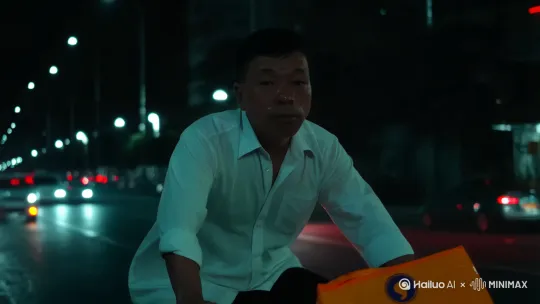 一个漆黑的夜晚。他依然在马路的送着外卖。骑着车行驶在车流中。 by Hailuo AI Video Generator