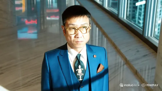 面部轮廓】
一张被岁月打磨出儒雅气质的东方面容，镀金细框眼镜横卧于山根，金属冷光中和了眼角细纹的温和。镜片后那双丹凤眼沉淀着商海浮沉的锐利，却在抬眼时被镜架弧度勾勒出几分知识分子的克制。下颌线残留着青年时期的清癯，此刻正被商务场合训练出的礼节性微笑牵动，显露出恰到好处的亲和棱角。

【着装密码】
深海蓝三件套西装裹住挺拔身形，意大利羊毛面料在肩线处流淌着隐晦的光泽，翻领以15度黄金夹角微微敞开，露出丝质温莎结的暗纹——那是苏州老匠人用二十八道工序织就的东方图腾。马甲第三颗纽扣始终紧锁，如同他谈判桌上不曾动摇的底线，却在左侧内袋微微隆起怀表的古典轮廓。

【细节图腾】
定制袖扣嵌着和田青玉，在握笔签署合同时掠过一线幽光，与右手无名指素圈婚戒的铂金冷辉形成微妙对话。牛津鞋擦得能照见会议室顶灯的光晕，鞋尖那道英式布洛克雕花，恰似他人生履历表上精心设计的留白。

【动态意象】
起身时西裤中线如刀刃划开空气，真皮公文包把手处隐约可见常年握持形成的润泽包浆。当他在落地窗前驻足，玻璃幕墙外的城市霓虹在他镜片上投下流动的蓝调光谱，鞋跟与大理石地面相击的脆响，恰是都市丛林里中年雄兽的韵律心跳。

这种描述刻意打破常规的平铺直叙，通过质感对冲（金属与皱纹）、时空嵌套（现代西装与传统玉饰）、通感转换（鞋声与心跳）等文学手法，将标准化商务形象转化为充满张力的符号系统，暗含当代中国精英阶层在传统与现代之间的身份建构。 by Hailuo AI Video Generator