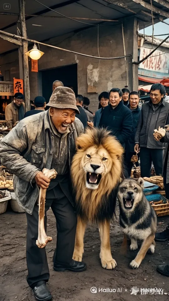 镜头移动，动态跟随，展现一个史诗般的激烈打斗场面。大爷和狮子正在进行惊心动魄的中国功夫对决，大爷身形矫健，步伐灵活，每一个动作都充满力量与技巧。大爷率先发动攻击，以迅雷不及掩耳之势用骨头棒敲打狮子的，接着又来个360旋转，同时狮子迅速跃起来个连环脚直踹，紧接着用尾巴甩向大爷，紧接着来个倒立旋转360度。小狗也把大爷撕咬狮子打转转，他们的招式刚柔并济，时而是刚猛的挥拳，， 时而是凶猛的上串踹腿。身影交错之间，地面的尘土飞扬而起，镜头动态跟随，从不同角度展现他们激烈的交锋，周围的人拍手叫好。 by Hailuo AI Video Generator