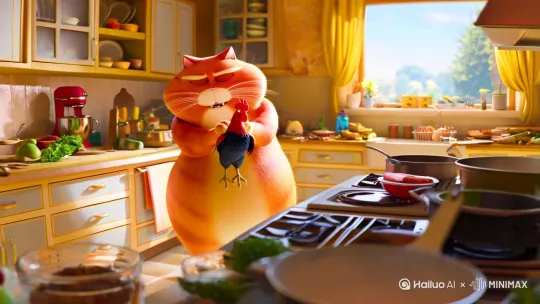 一只很胖的橘猫抓着一只公鸡在做饭[左移,推进,右摇] by Hailuo AI Video Generator