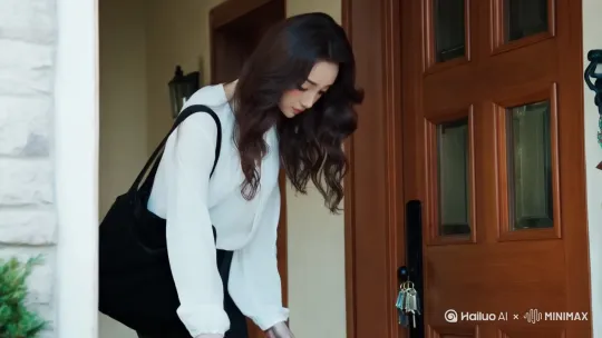 7 全景 女人背着包，穿上鞋子，拿起钥匙出门，关门。 旁白：“出发，去为梦想拼搏咯。” 关门声 1:15 - 1:30 家门口  by Hailuo AI Video Generator