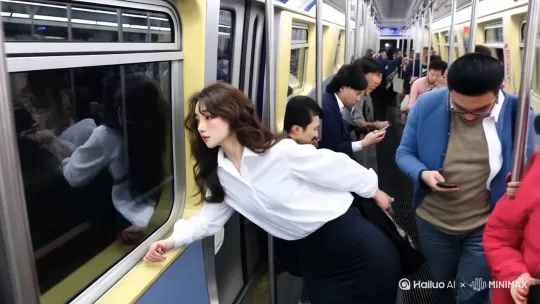 10 全景 地铁车厢内挤满了人，女人被挤在中间，抓着扶手，周围的人有的在玩手机，有的面无表情地站着。 旁白：“这就是城市的活力，也是打工人的日常。” 地铁行驶声、车厢内嘈杂声 2:00 - 2:20 地铁车厢内  by Hailuo AI Video Generator