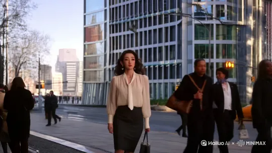 11 中景 女人走出地铁站，来到公司楼下，看着高耸的写字楼，深吸一口气。 旁白：“战斗的地方，我来啦。” 城市街道嘈杂声 2:20 - 2:35 公司楼下  by Hailuo AI Video Generator