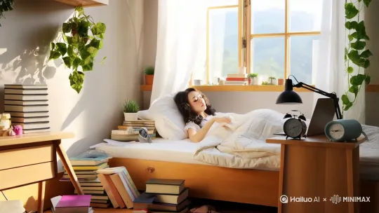 1 全景 清晨的阳光透过窗户，洒在杂乱但温馨的卧室里。女人躺在床上，闹钟响起，她伸手关掉闹钟，翻了个身，又眯了一会儿。 旁白：“每个打工人的清晨，都在和周公进行一场艰难的拉扯。” 闹钟声、轻柔的起床背景音乐 0:00 - 0:10 卧室  by Hailuo AI Video Generator