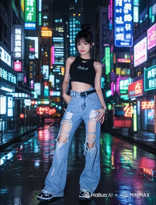 这位漂亮的小姐姐，上身穿黑色背心，下身穿蓝色牛仔裤，脚穿黑色运动鞋，在灯火通明的路上跳舞了 by Hailuo AI Video Generator