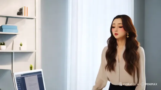 15 中景 会议结束，女人回到工位，松了一口气，继续处理其他工作，偶尔停下来思考，用笔敲敲头。 旁白：“希望这次汇报能通过，还有好多事要做呢。” 键盘敲击声、笔敲击桌面声 3:30 - 3:50 公司工位  by Hailuo AI Video Generator