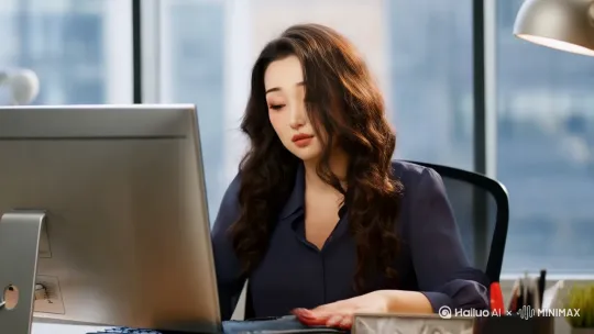 17 中景 女人终于完成工作，收拾东西，关闭电脑，站起身，伸了个懒腰，脸上露出疲惫但欣慰的笑容。 女人：“终于搞定啦，回家。” 椅子挪动声 4:10 - 4:25 公司工位  by Hailuo AI Video Generator