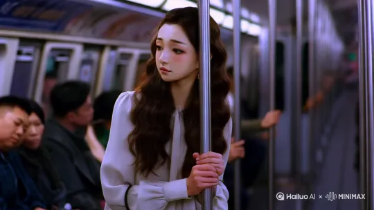 19 中景 女人在地铁上，靠着扶手，眼神有些疲惫，周围的人同样带着倦意。 旁白：“大家都在为生活努力着。” 地铁行驶声、车厢内安静氛围音 4:40 - 4:55 地铁车厢内  by Hailuo AI Video Generator