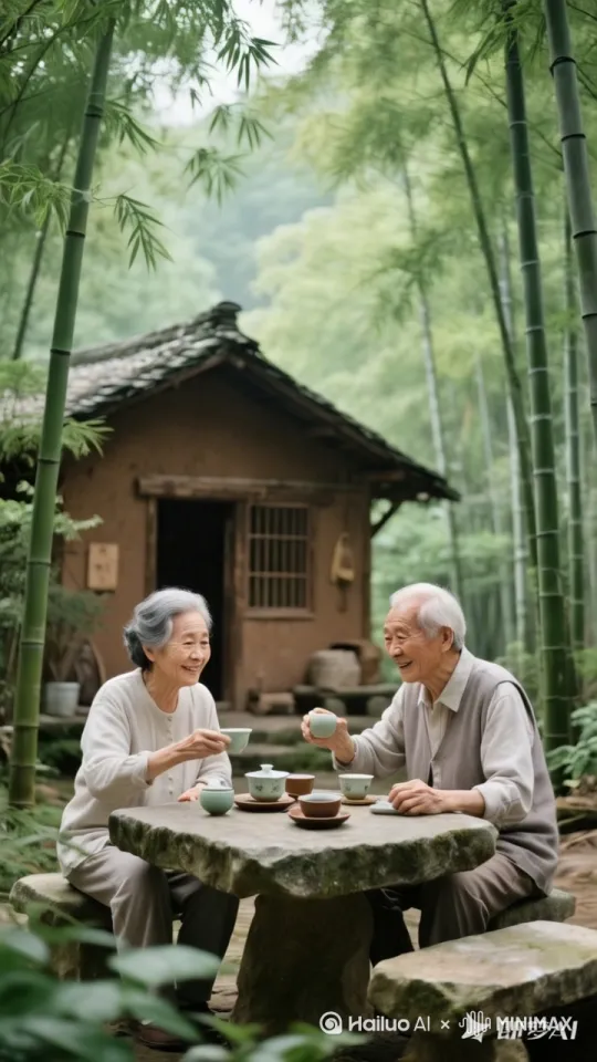 风吹竹林，竹子轻轻摆动，两个老人坐在竹林小屋前喝茶，有说有笑。镜头由远及近，高清画质并且治愈人心 by Hailuo AI Video Generator