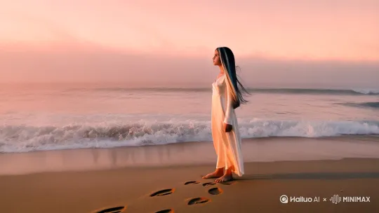 晨雾未散的海岸线上
珍珠色绸裙裹着少女纤长的轮廓
咸涩海风掠过她凝脂般的脸颊
将鸦羽长发撩起碎银光泽的涟漪
赤足在湿润沙粒上烙下贝壳状印记
浪花吞吐着地平线尽头的玫瑰金朝霞
她的目光却穿透粼粼波光
凝固在更遥远的天海交界处
仿佛那里沉睡着
尚未被潮汐卷走的星群残梦 by Hailuo AI Video Generator