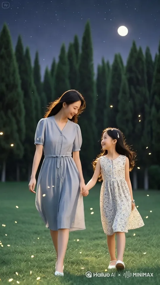 无人机视角，高空快速跟踪镜头。妈妈牵着女儿的手转身快速地向右上方优雅飘逸的越飞越高越飞越远，距地超百米之上，向前流畅飞行，朝着月亮的方向飞去。头发、衣服随风摆，下方是绿地草坪与自然景观，运动模糊和光迹增强速度与流畅感。 by Hailuo AI Video Generator