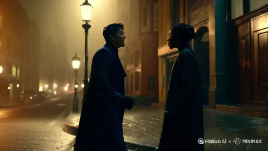 闪回片段：雨中街角，男女主争吵后分离，女主低头时项链坠子闪烁（特写刻字“沧海”）。 by Hailuo AI Video Generator